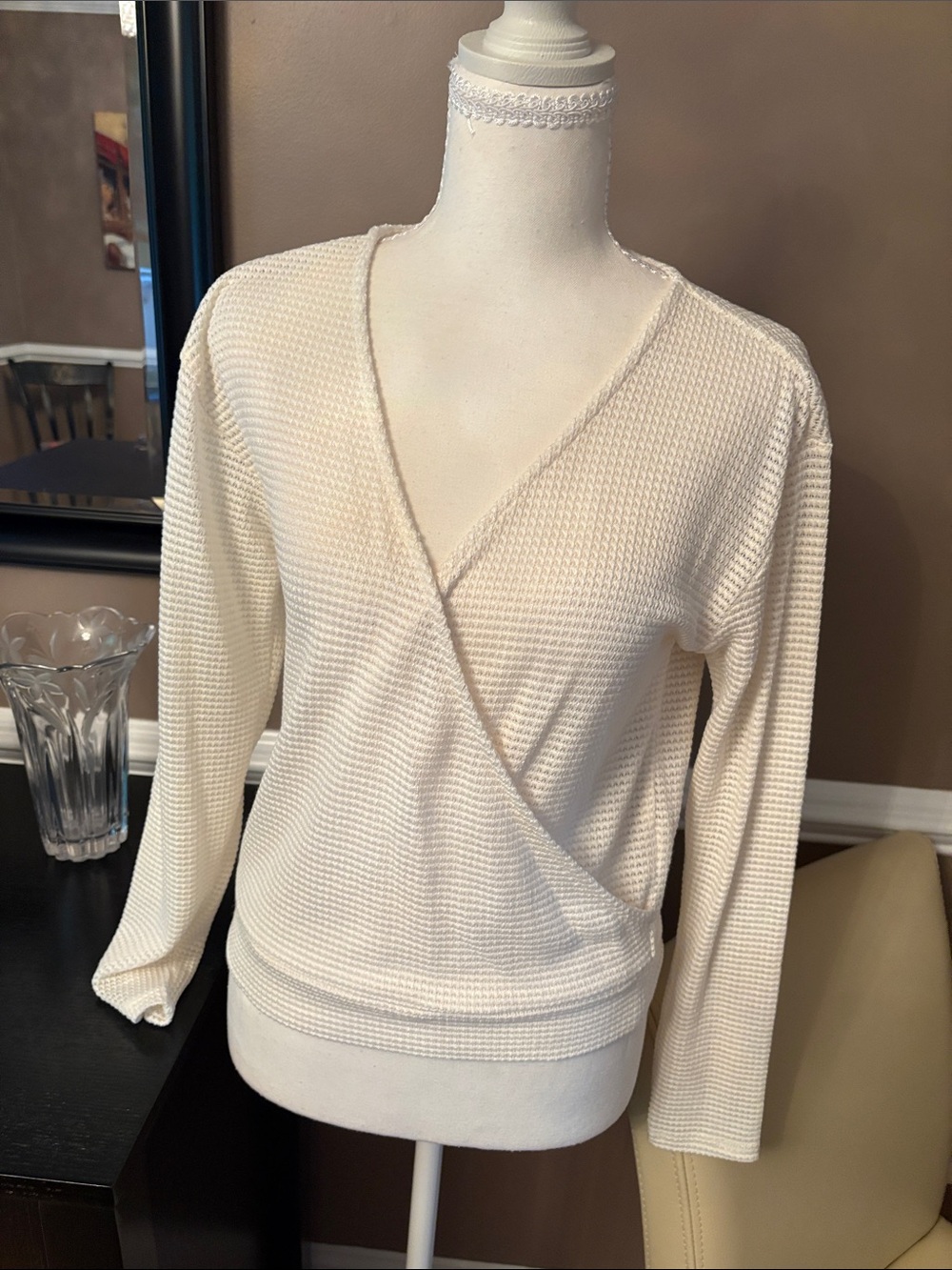 G by Giuliana Cream Waffle Knit Long Sleeve Wrap Top